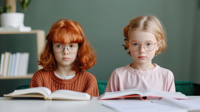Two young female students one with red hair and the other with blonde hair intently reading and studying together at home with open books notebooks and other school supplies on a table