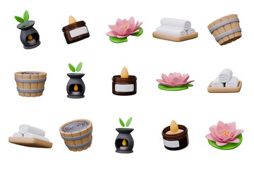 Collection of spa elements in 3D style. Isolated templates in different positions