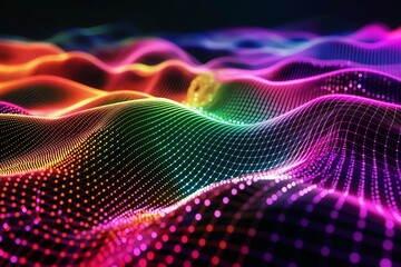 Abstract Vibrant Multicolored Digital Wave of Dots Flowing Across Dark Background, Representing Modern Technology, Data Visualization, and Innovation Concepts