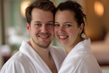Fototapeta premium A content couple dressed in white bathrobes are smiling warmly while embracing each other, capturing a serene and joyful moment in a softly lit indoor setting.
