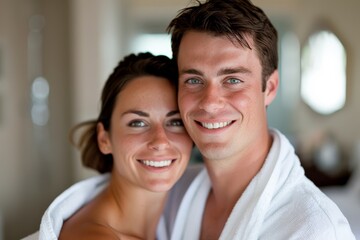 A happy couple dressed in stylish white bathrobes, smiling warmly while embracing each other, capturing an intimate and affectionate moment in a serene indoor setting.