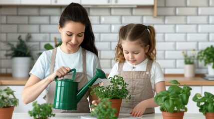 A warm tender moment captured as a mother and her young daughter tend to a variety of potted plants and greenery inside their cozy home using watering cans to nourish the thriving vegetation