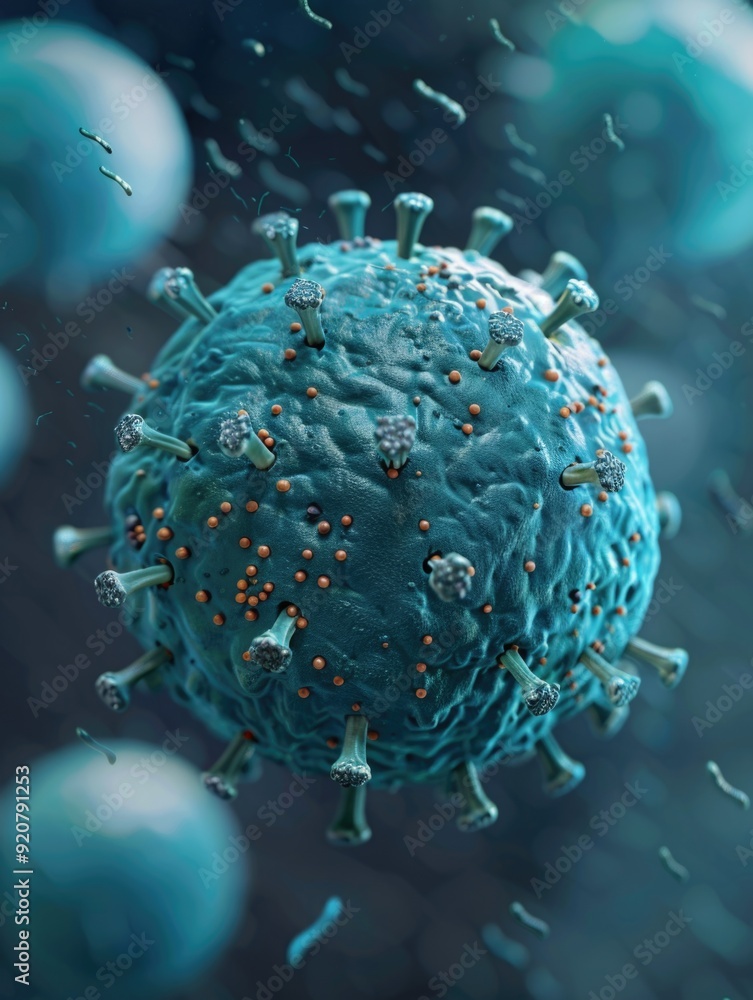 Poster close-up rendering of a sars-cov-2 virus particle surrounded by microscopic droplets, depicting vira