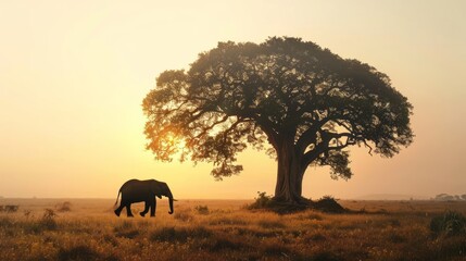 Fototapeta premium elephant silhouette and big tree in field 