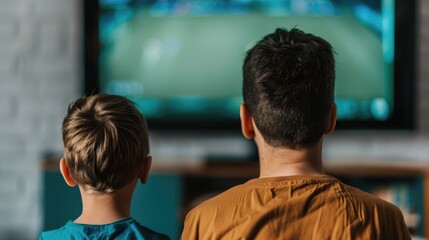 Father and Son Spending Time Watching Sports Match Together on Large Home Television Screen in Comfortable Living Room Setting