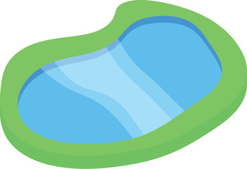 Small decorative pond with blue water surrounded by green grass, perfect for landscaping and garden design projects