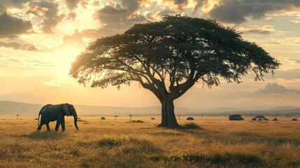 Fototapeta premium elephant silhouette and big tree in field 