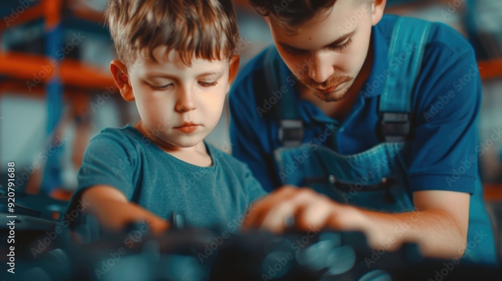 Aufkleber father and son working together on a car engine in the garage with a deep depth of field highlightin