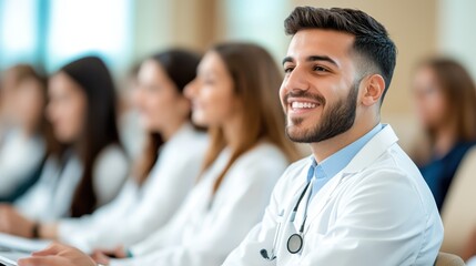 Obraz premium A young male doctor smiling and engaged, attentively listening in a seminar surrounded by colleagues, highlighting enthusiasm and dedication to healthcare education.