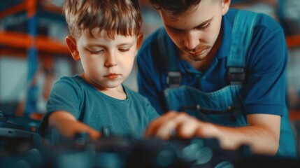 Father and son working together on a car engine in the garage with a deep depth of field highlighting their bonding and teamwork as they tackle the automotive repair project