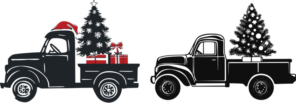 Set of holiday trucks that carry a Christmas tree, Vector Design, white background