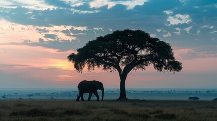 Obraz premium elephant silhouette and big tree in field 