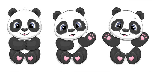 Fototapeta premium Set of cute cartoon pandas. Vector animal illustration isolated on white.