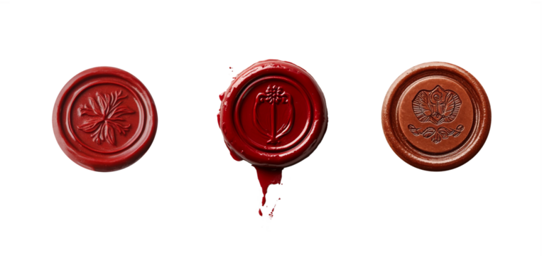 Three red wax seals with different designs on a white background