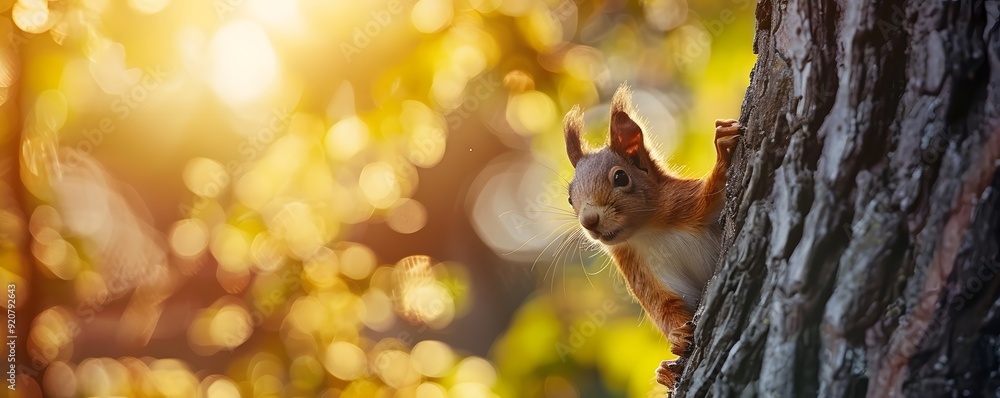Poster red squirrel peeking from behind a tree trunk in a sunlit forest