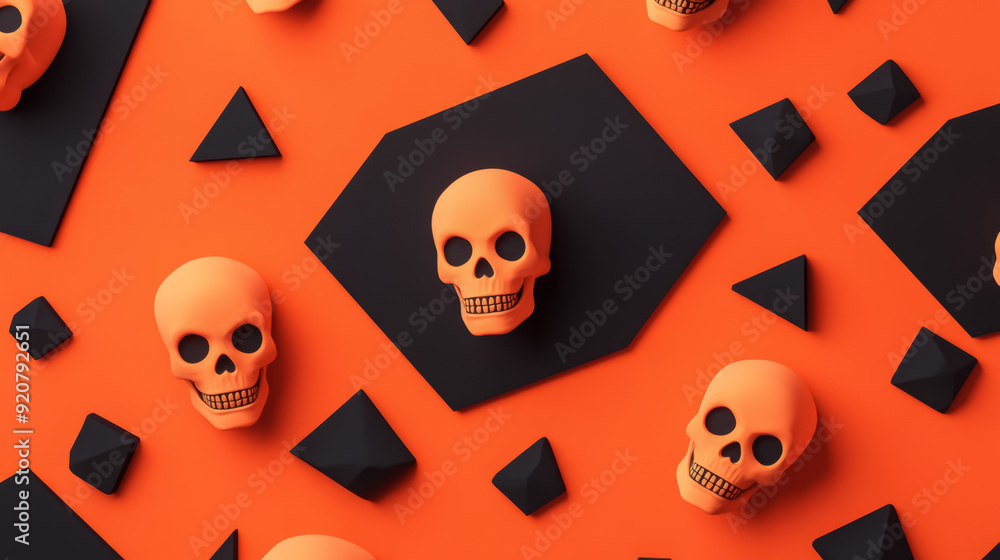 Poster a black and orange gradient background with scattered abstract shapes like triangles and hexagons su