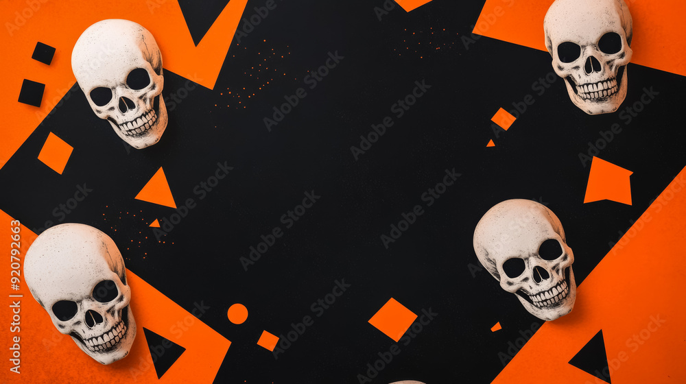 Poster a black and orange gradient background with scattered abstract shapes like triangles and hexagons su