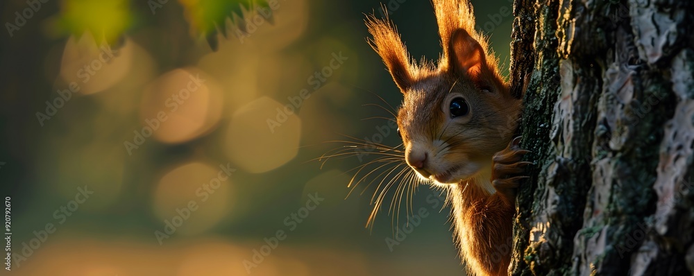 Poster red squirrel peeking from behind a tree trunk