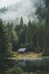Fototapeta premium A solitary cabin sits by a serene forest lake, surrounded by misty pine trees in a tranquil, remote location.