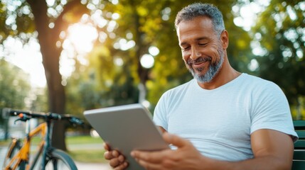 Fototapeta premium A smiling man in a white shirt sits on a bench in a sunny green park, holding and interacting with a tablet, while his bicycle is parked nearby.