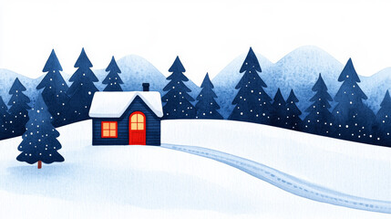 A cozy cabin in snowy woods with a warm glow from the windows watercolour illustration 