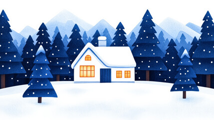 A cozy cabin in snowy woods with a warm glow from the windows watercolour illustration 