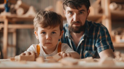 Portrait of a father and son working on woodworking projects together in a cozy well equipped workshop  The image captures the depth of field showcasing the focus and on their hands as they craft