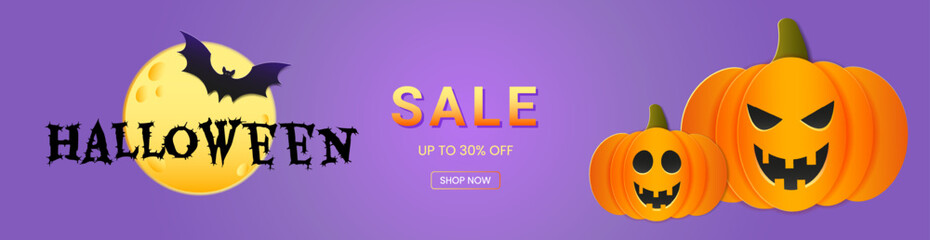 Halloween greeting banner with cutest pumpkins and bats on purple background. Design template for advertising, web, social media. Vector illustration in cut paper style