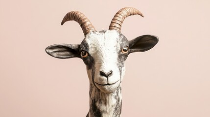 Close-up portrait of a carved wooden goat with brown horns, black and white fur, and brown eyes looking directly at the camera.