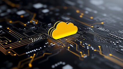 Cloud Computing Concept with Yellow Cloud Icon on Circuit Board, Technology and Data Storage Visualization