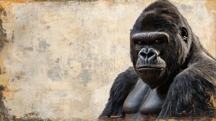 Fototapeta premium Close-up portrait of a powerful gorilla looking intensely at the camera against a textured background.