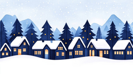 A festive holiday village with snow covered rooftops and twinkling lights at twilight watercolour illustration 