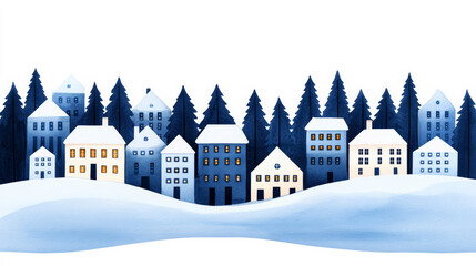 A festive holiday village with snow covered rooftops and twinkling lights at twilight watercolour illustration 