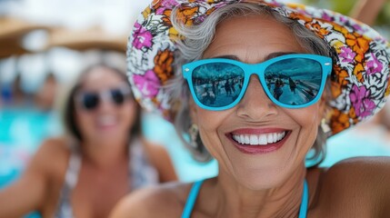 A smiling senior woman in a floral hat and sunglasses enjoys poolside fun, posed happily against the bright background of an exciting summer day with friends in the water.