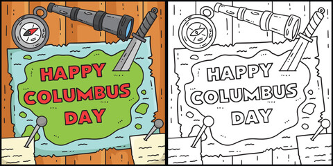 Happy Columbus Day on Map Coloring Illustration