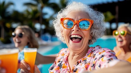 Senior woman in sunglasses with vibrant smile, holding orange drink, enjoying poolside with friends in tropical setting with palm trees and blue skies.