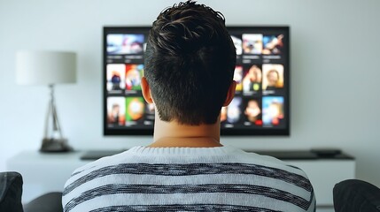 A person in a contemporary living room, using a smart TV and home assistant to control entertainment options, seamlessly integrating leisure with technology