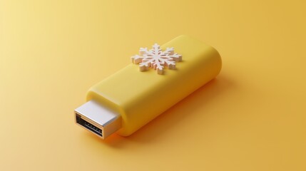 Isometric USB stick emoji with retrieved snowflake on it, soft lighting, 3d icon clay render, blender 3d, copy space