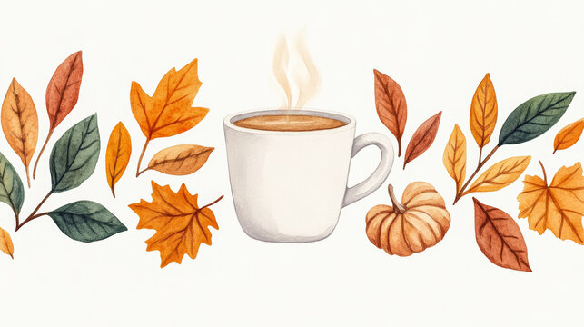 A steaming pumpkin spice latte in an elegant autumn themed mug with fallen leaves watercolour illustration 
