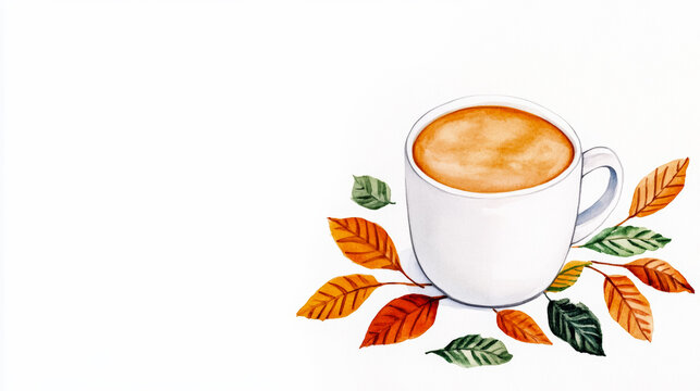 A steaming pumpkin spice latte in an elegant autumn themed mug with fallen leaves watercolour illustration 