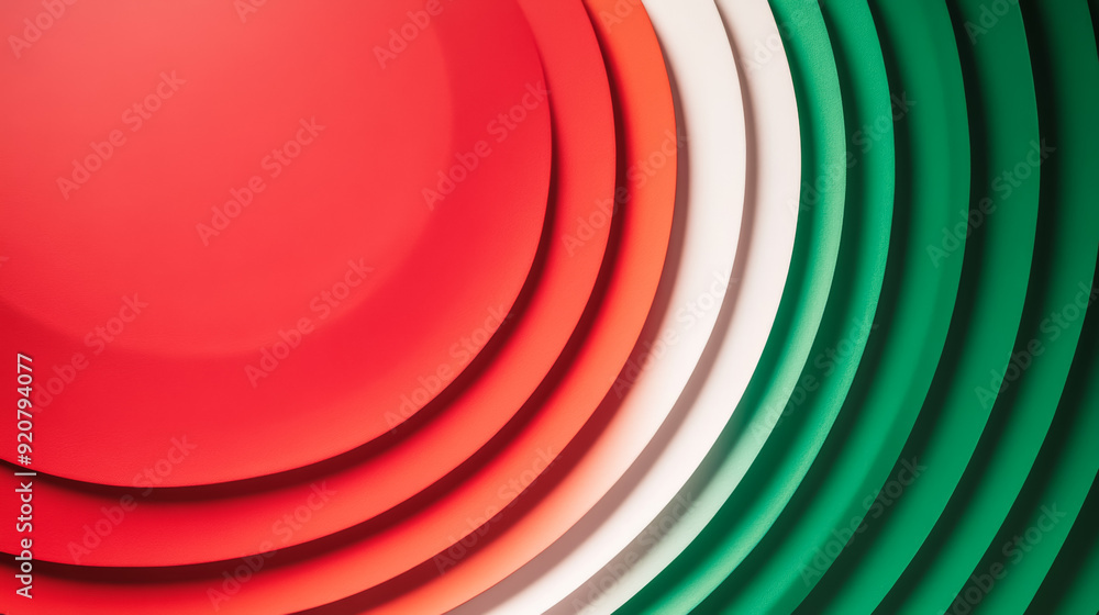 Poster abstract christmas background with red and green concentric circles on a gradient from white to deep