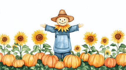 A whimsical autumn scarecrow standing in a colorful field of sunflowers with pumpkins at its base watercolour illustration 
