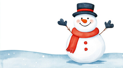 Fototapeta premium An adorable snowman with a carrot nose and a red scarf in a winter wonderland watercolour illustration 
