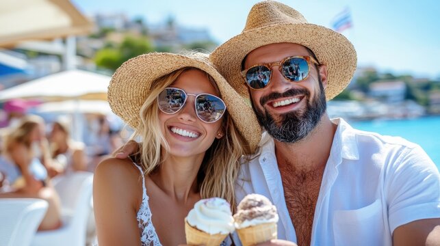 A young couple is all smiles while sharing ice cream on a sunny beach day, accessorized with sunglasses and straw hats, embodying the joy of a carefree summer vacation.