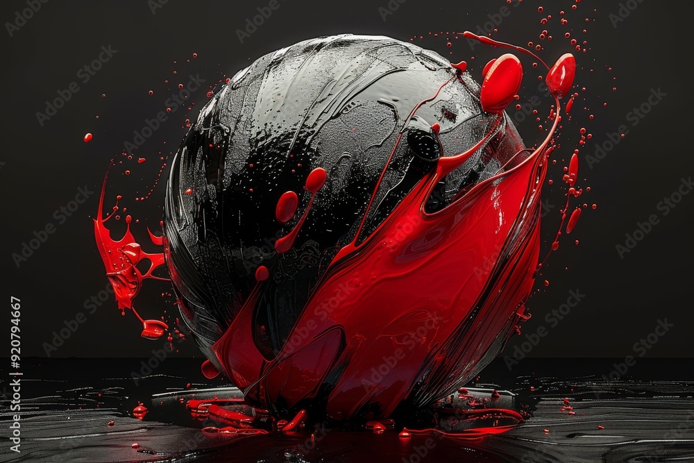 Poster a striking threedimensional sphere features intricate textures and vibrant red splashes that contras
