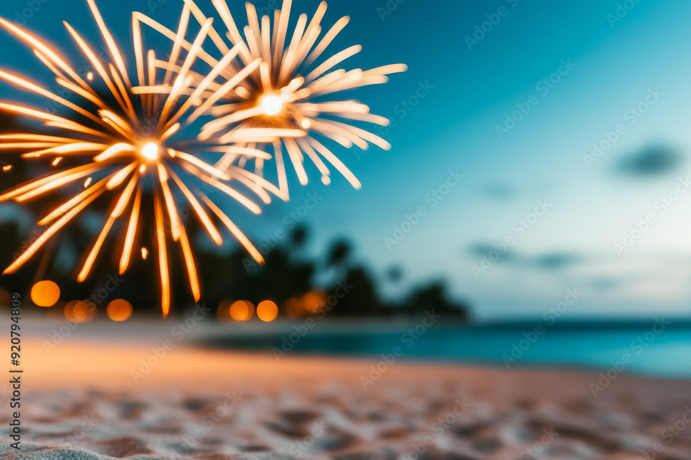 Poster fireworks illuminating a tropical beach resort on new years background with empty space for text