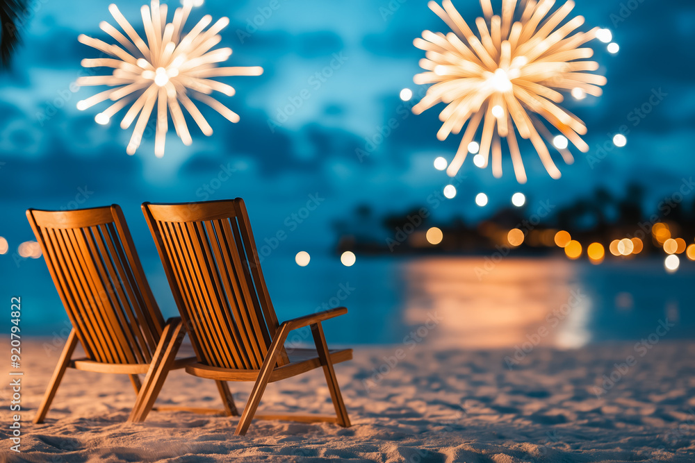 Poster fireworks illuminating a tropical beach resort on new years background with empty space for text