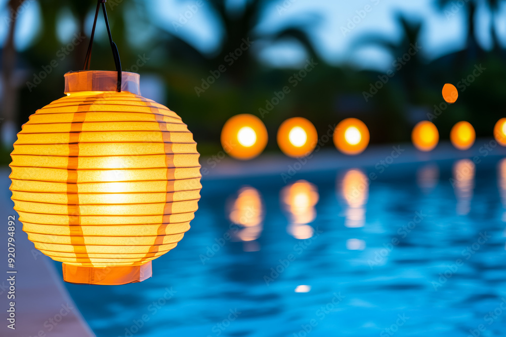 Poster floating lanterns on pool at tropical new years party background with empty space for text