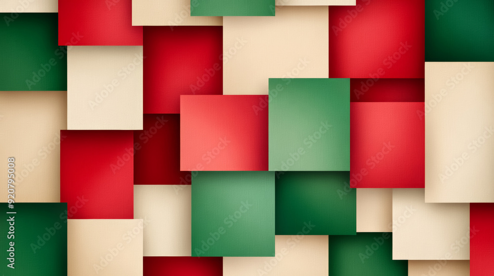 Poster geometric christmas background featuring overlapping red and green rectangles on a soft white to pal