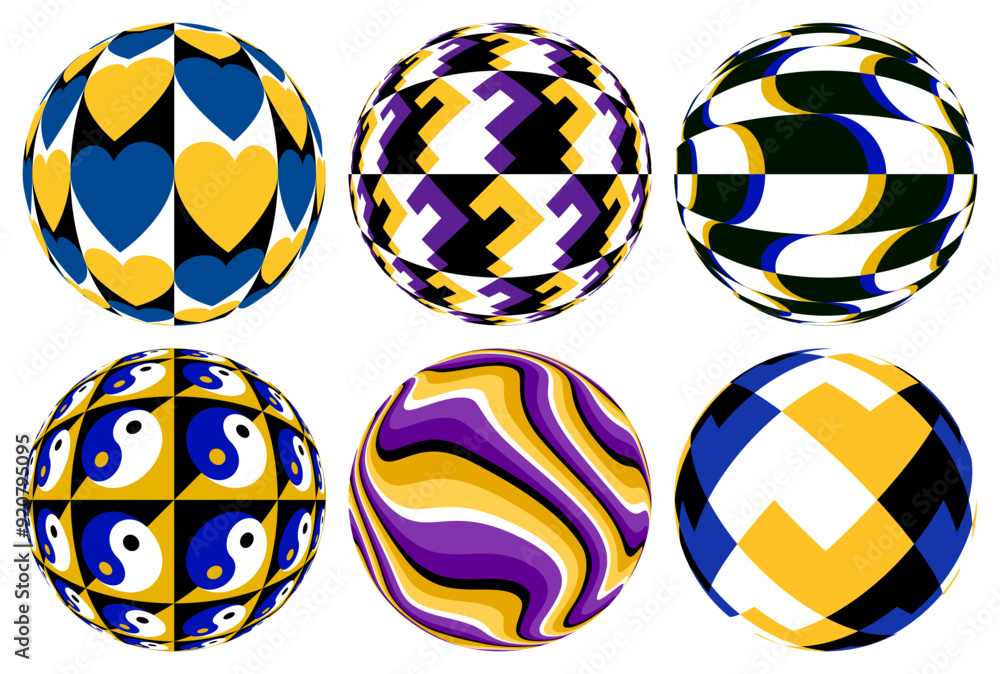 Poster vector set of colorful patterned balls for pop art design. flat spheres with optical illusion as if 